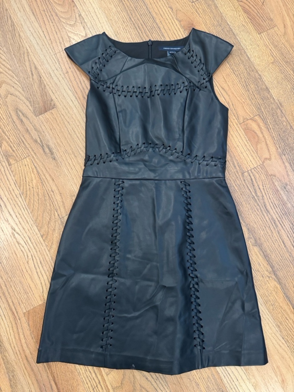 French Connection Black Faux Leather A-Line Dress with Whipstitch Detail